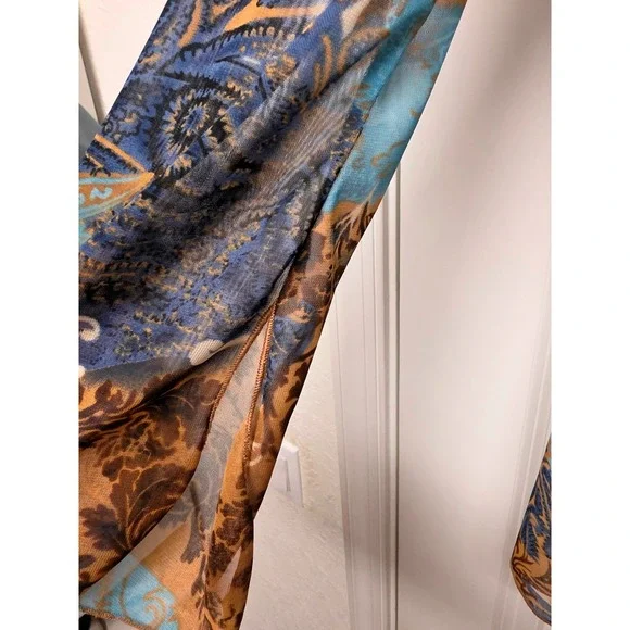 Vintage Blue Brown Paisley Sheer Mesh Tie Front V-Neck Long Sleeve Fairy Boho - Picture 5 of 9